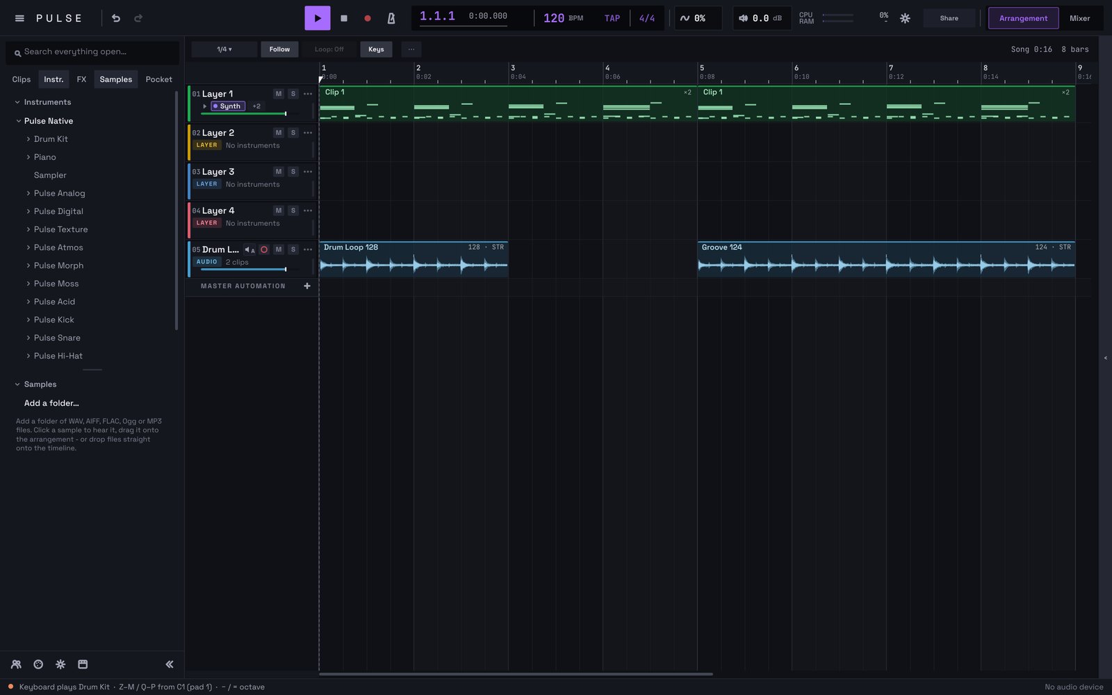 Pulse's arrangement with drum loops warped to the song's tempo, and the explorer's Pocket tab beside Instruments, FX and Samples.