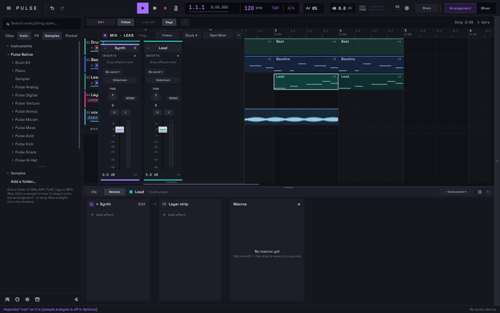 Pulse in Midnight: a song on the arrangement, the explorer on the left, the mini mixer beside the clips and the track's devices in the panel below.