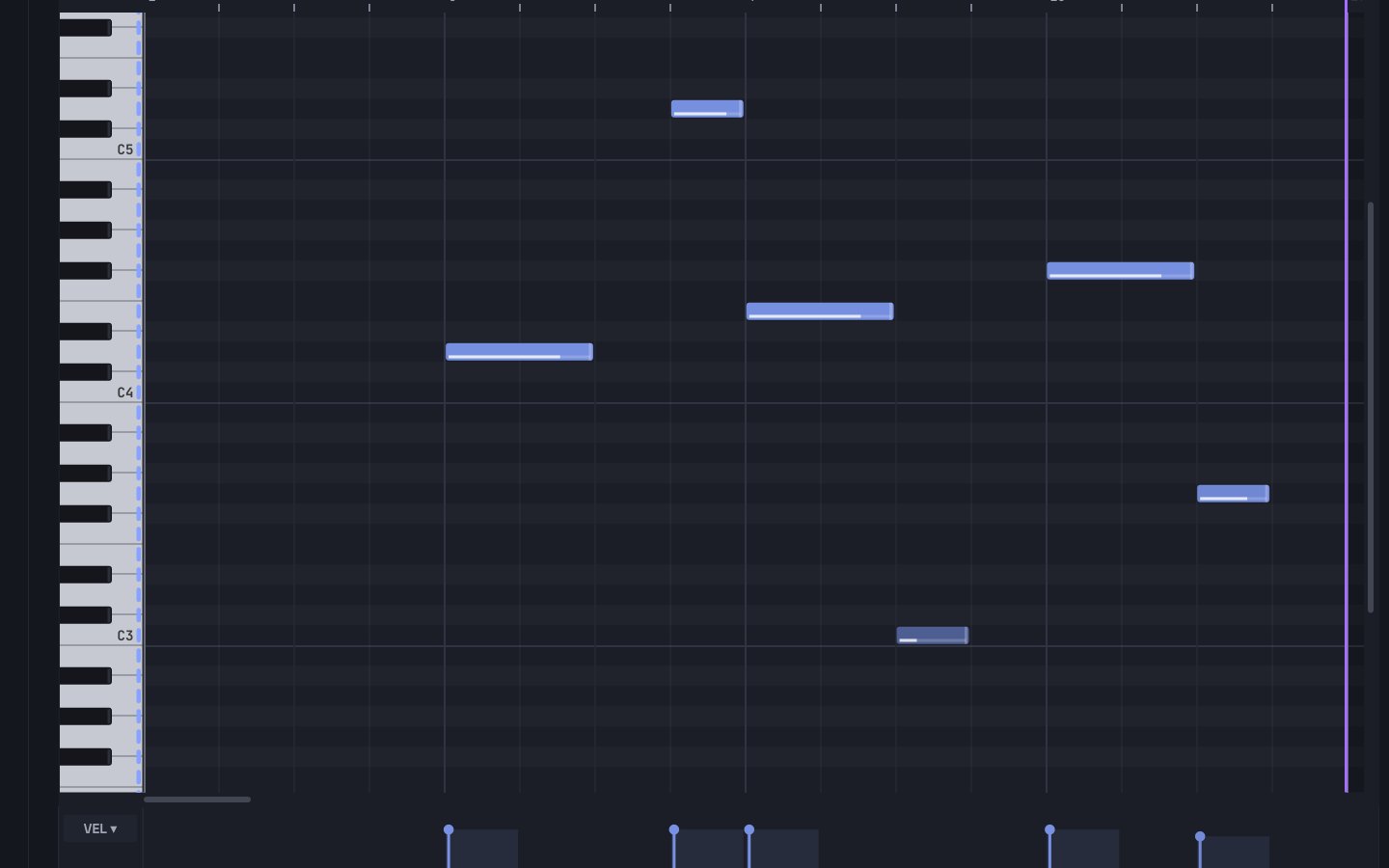 A live session in Pulse's piano roll: the notes of the part, and the hollow outline of a note a collaborator is dragging, before they let go.