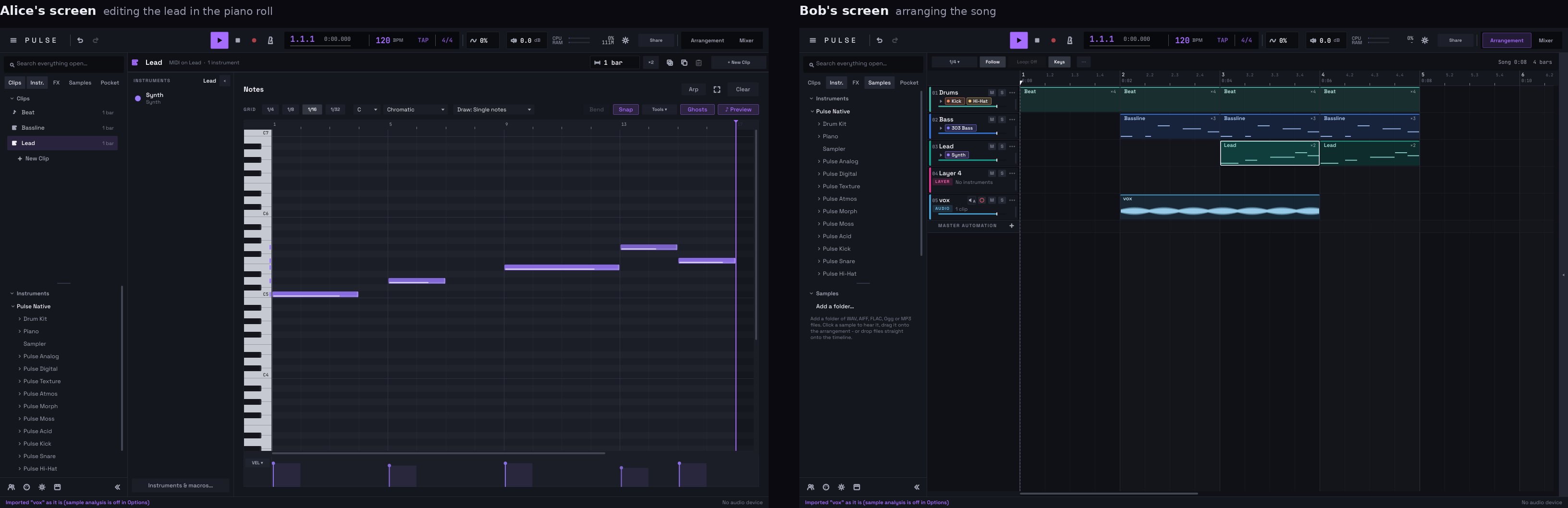 Two Pulse windows in one live session: one person edits the piano part while the other arranges the song, each seeing where the other is.