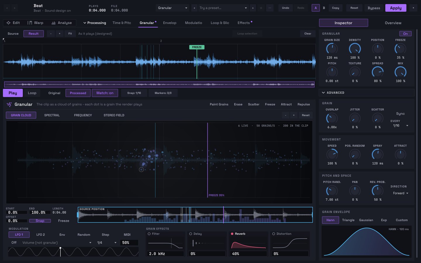 The Grain Cloud in Pulse's Audio Editor: grains drawn as they play over the waveform.