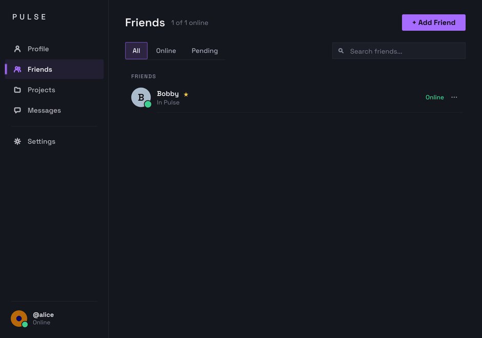 The Friends page of Pulse's Cloud window: who's online and in Pulse, requests and notes.