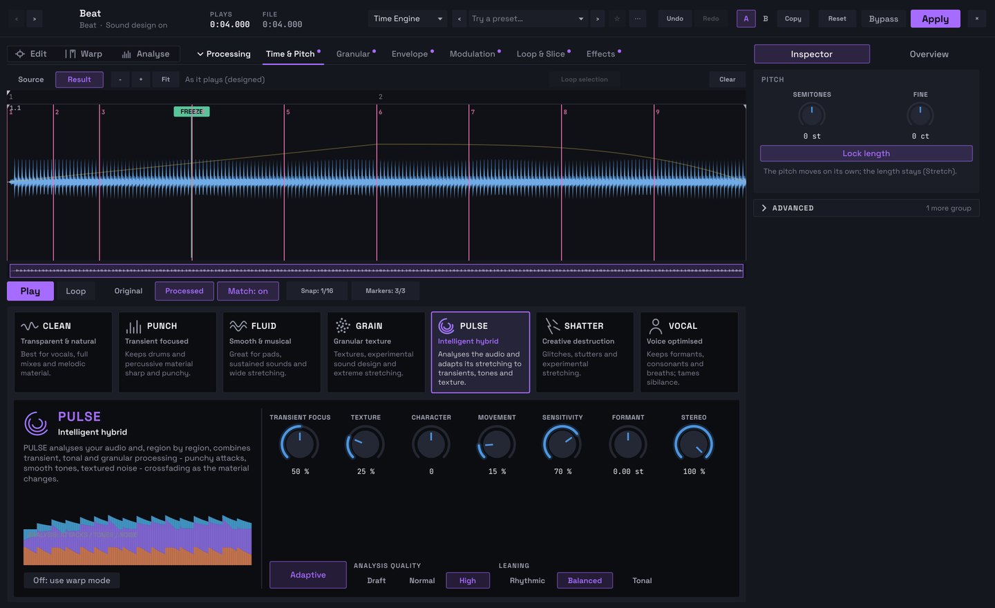 Pulse's Audio Editor in Midnight: a clip's waveform, the Time Engine's seven algorithms and the Pulse hybrid's settings.