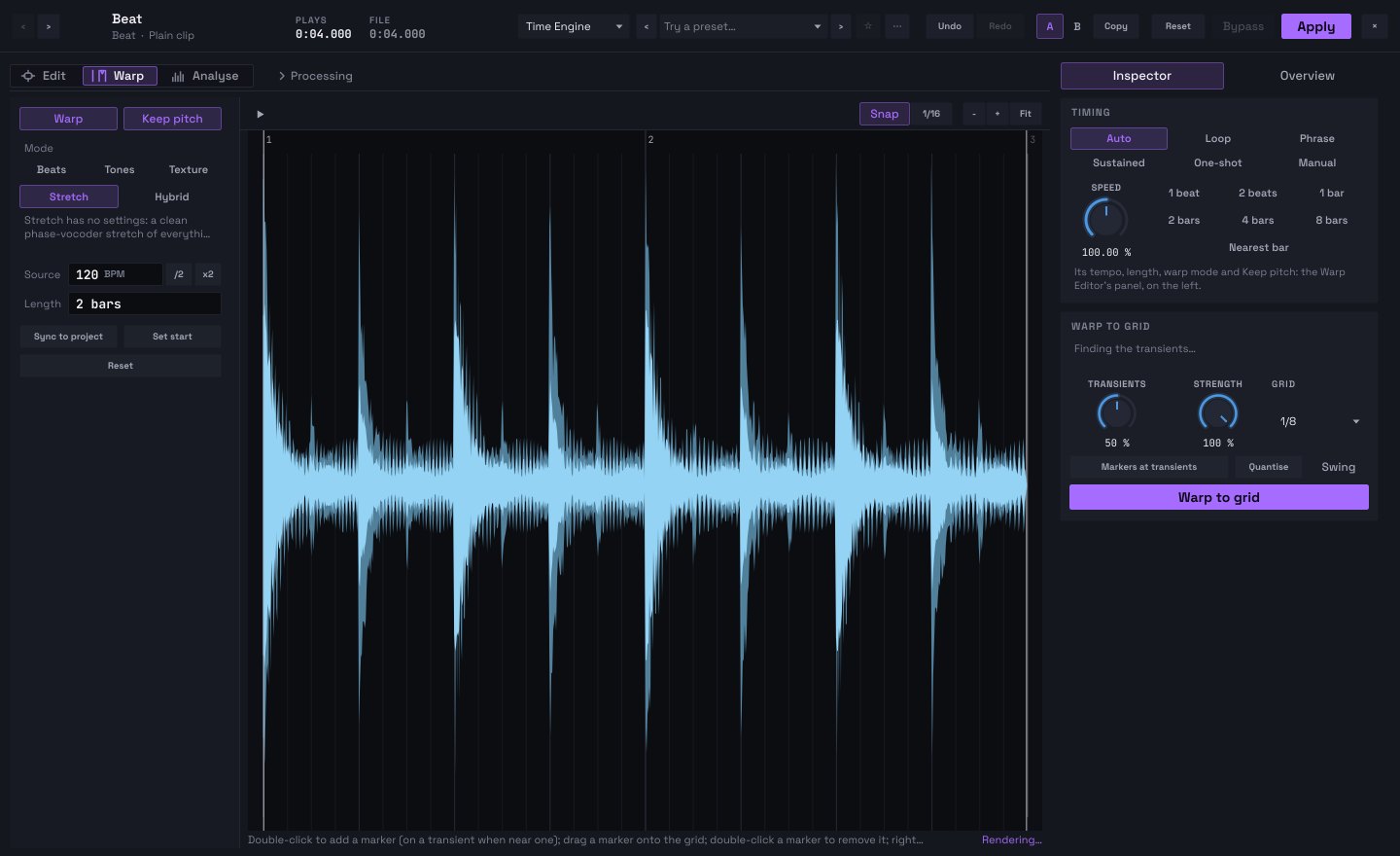 A played drum part in Pulse's Audio Editor, its transients marked and the Warp to grid panel open.